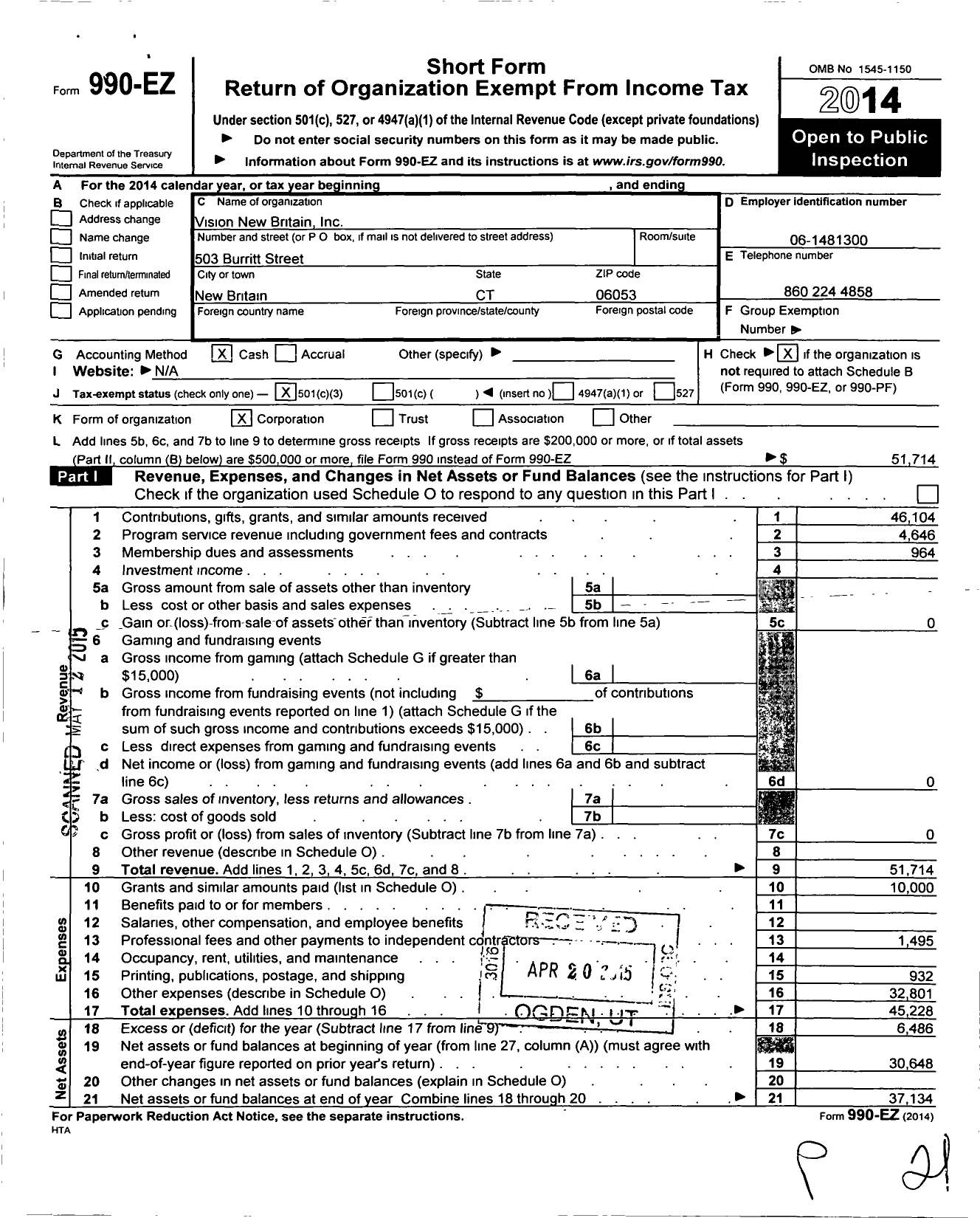 Image of first page of 2014 Form 990EZ for Vision New Britain