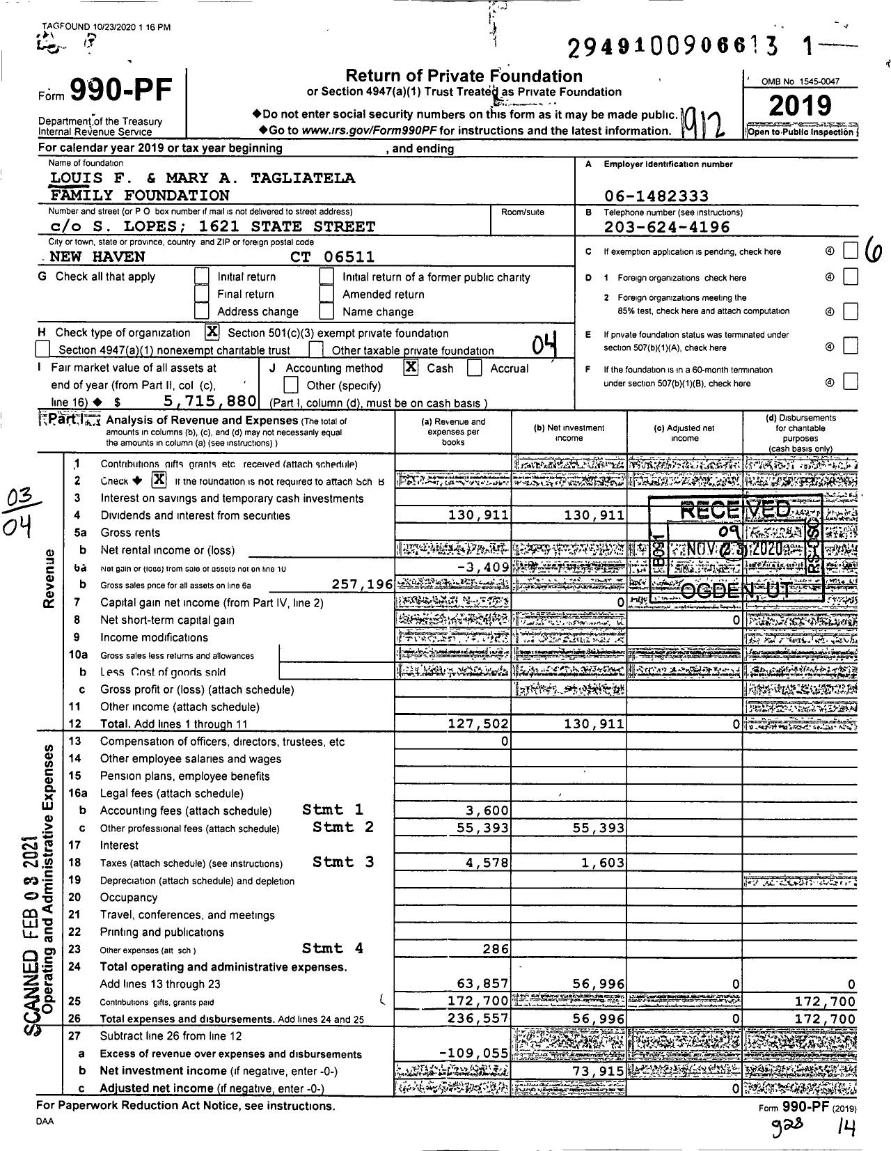 Image of first page of 2019 Form 990PF for Louis F and Mary A Tagliatela Family Foundation