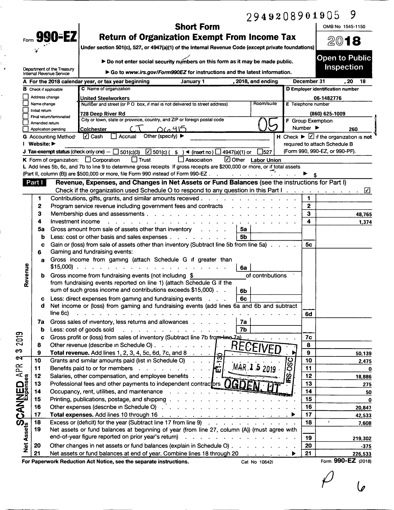 Image of first page of 2018 Form 990EO for United Steelworkers - 09411 Local