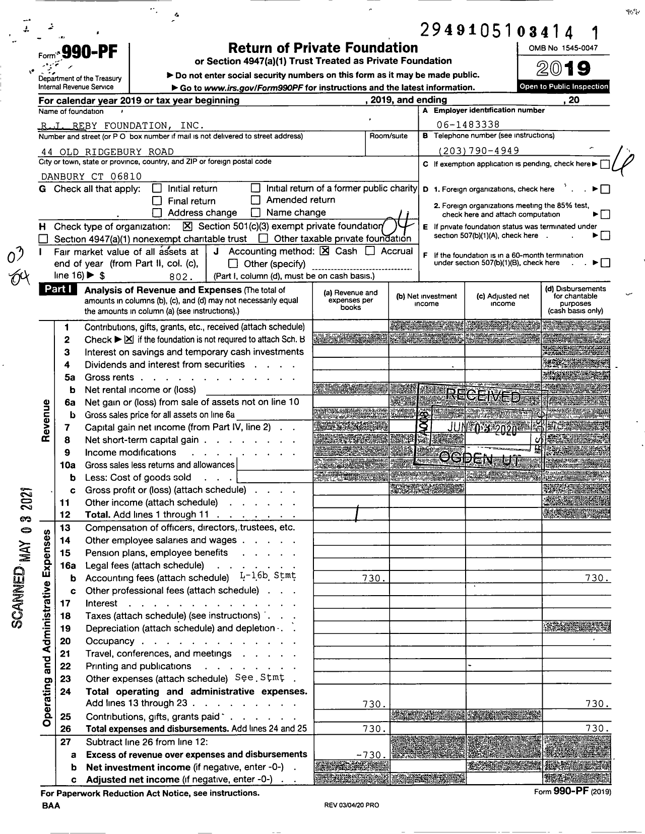 Image of first page of 2019 Form 990PF for REBY Family FOUnDATION