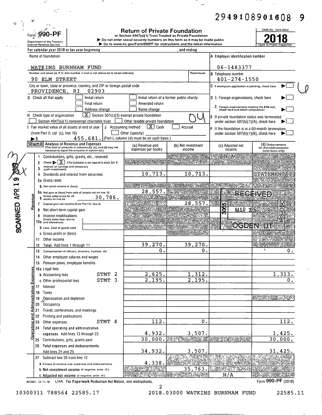 Image of first page of 2018 Form 990PF for Watkins Burnham Fund