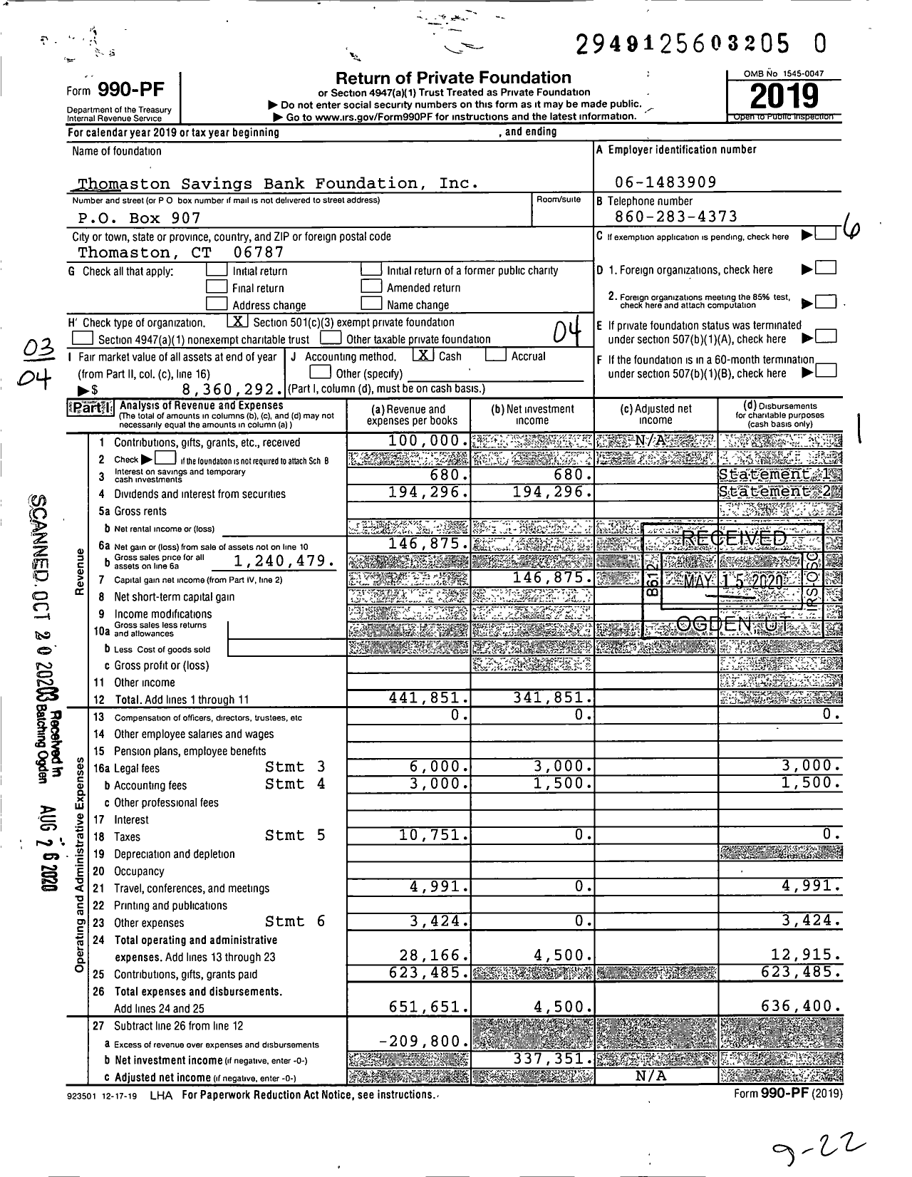 Image of first page of 2019 Form 990PR for Thomaston Savings Bank Foundation