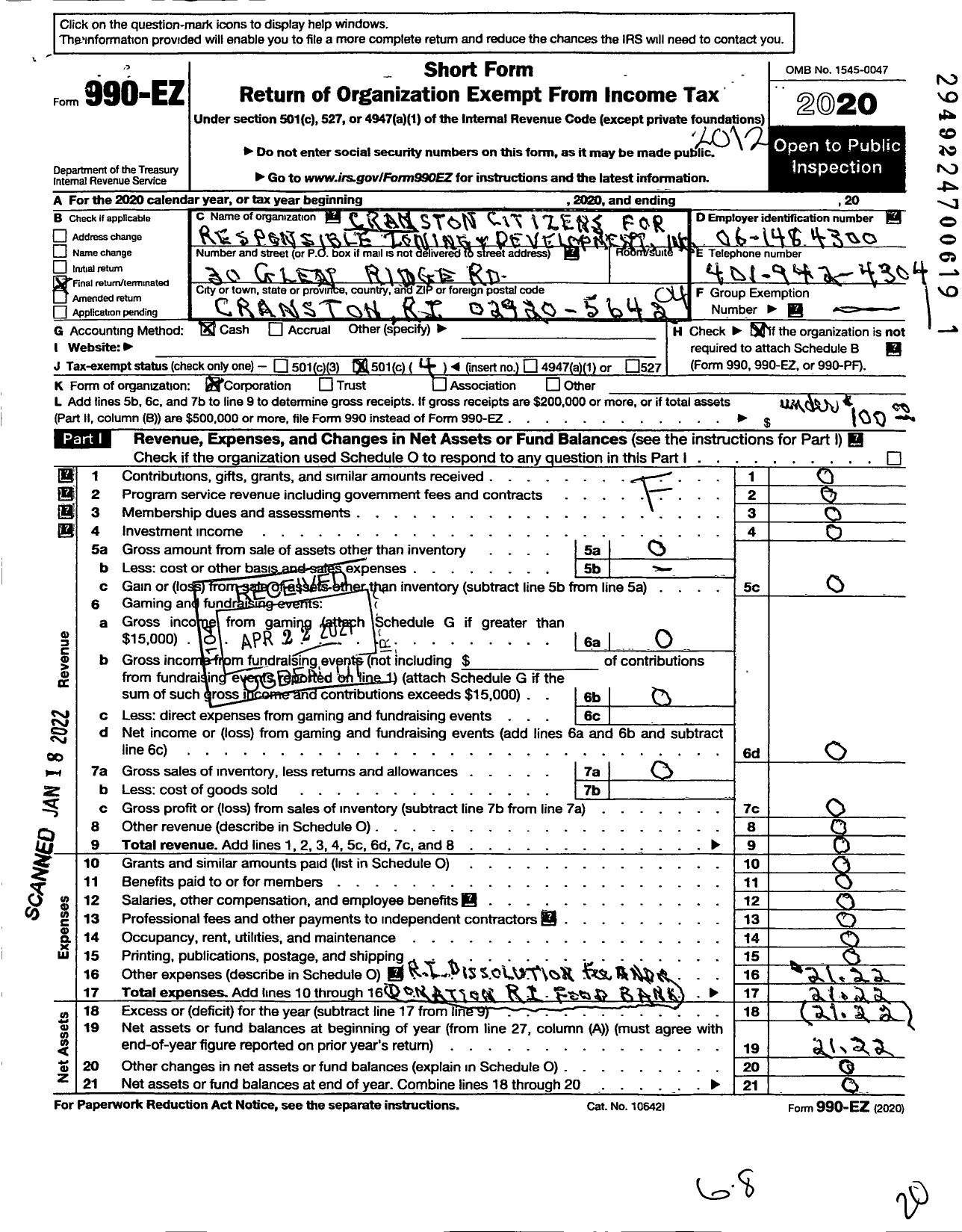 Image of first page of 2020 Form 990EO for Cranston Citizens for Responsible Zoning and Development