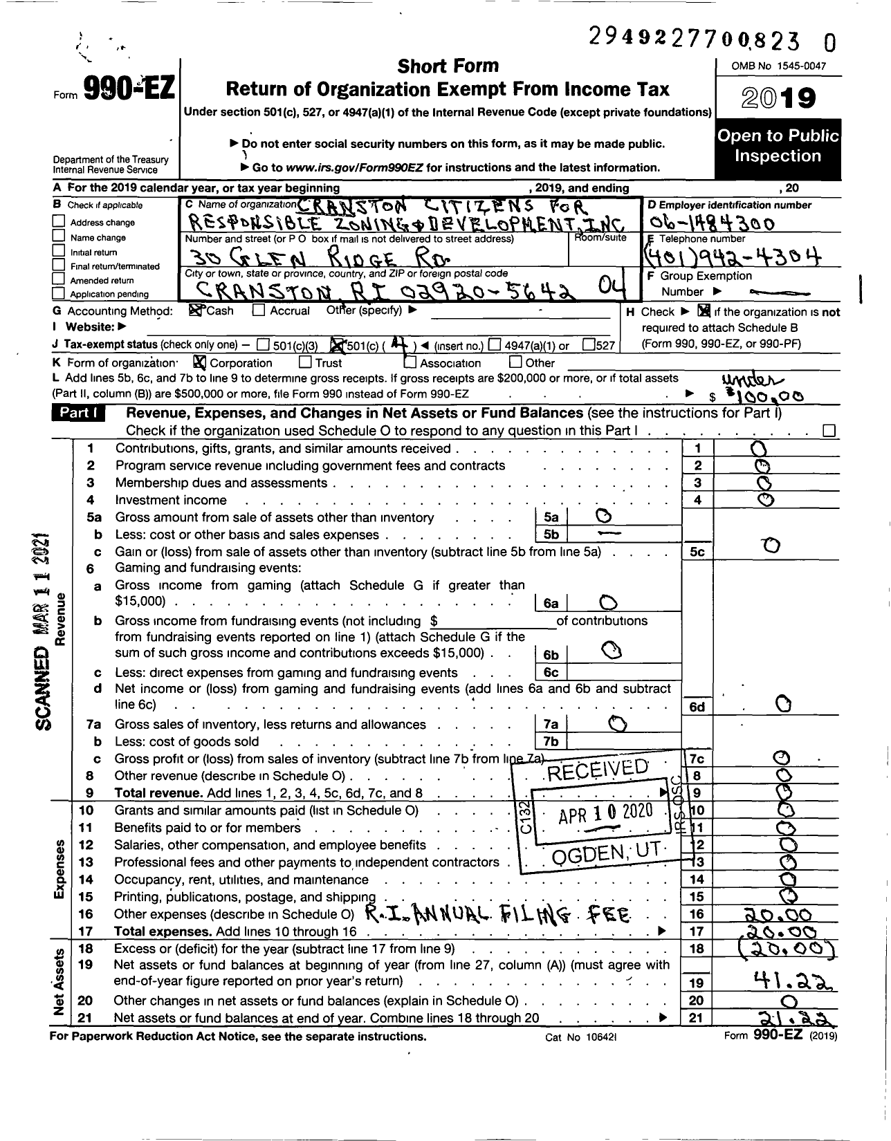 Image of first page of 2019 Form 990EO for Cranston Citizens for Responsible Zoning and Development