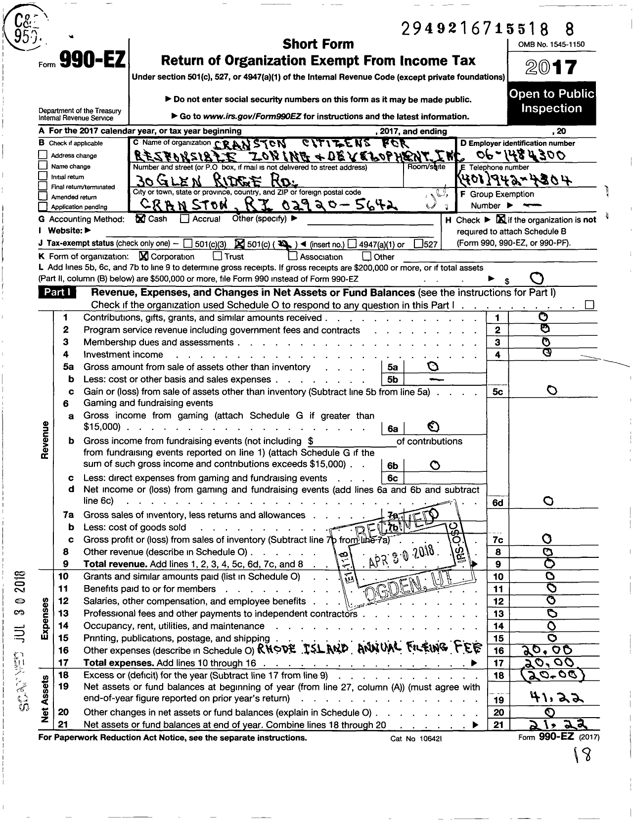 Image of first page of 2017 Form 990EO for Cranston Citizens for Responsible Zoning and Development