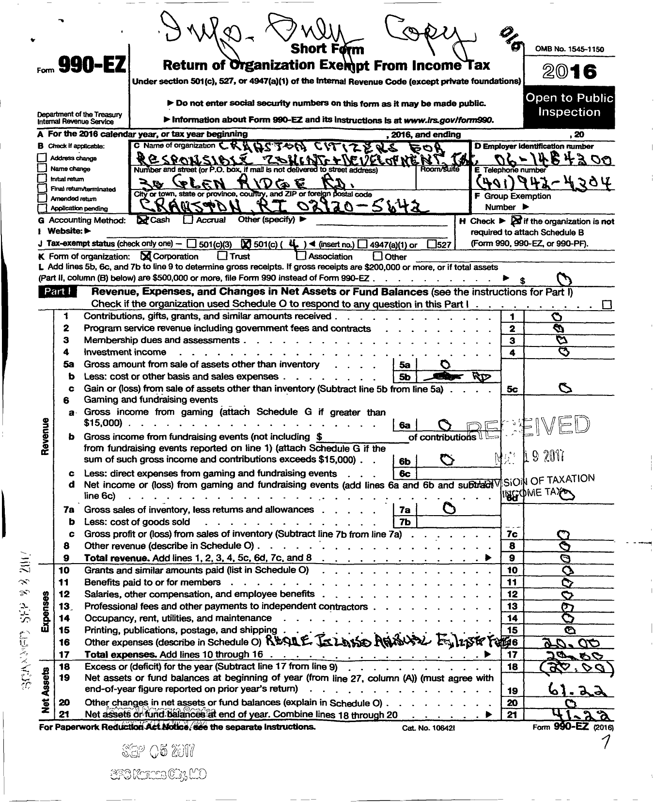 Image of first page of 2016 Form 990EO for Cranston Citizens for Responsible Zoning and Development