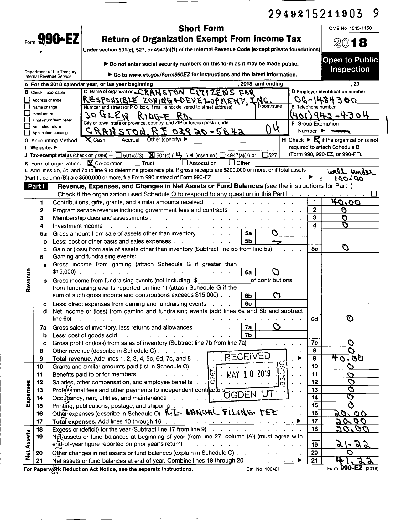 Image of first page of 2018 Form 990EO for Cranston Citizens for Responsible Zoning and Development