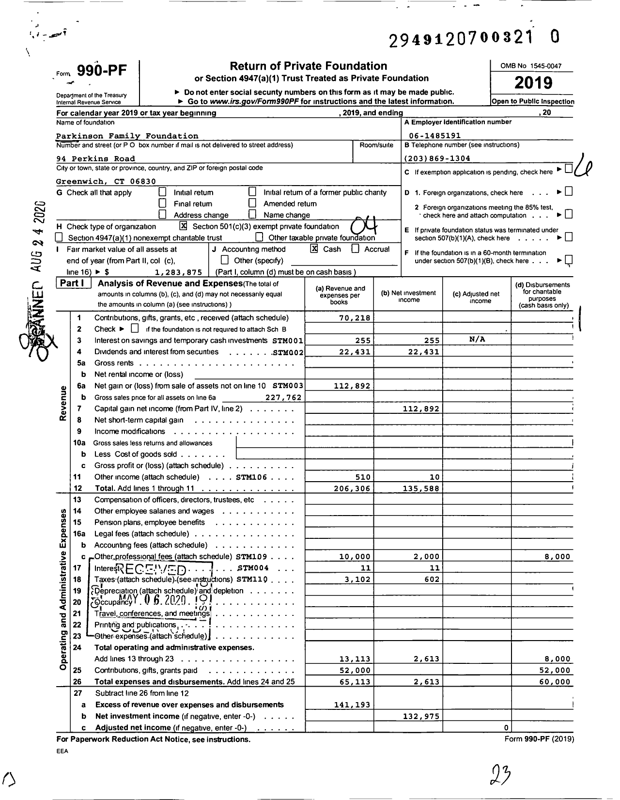 Image of first page of 2019 Form 990PR for Parkinson Family Foundation