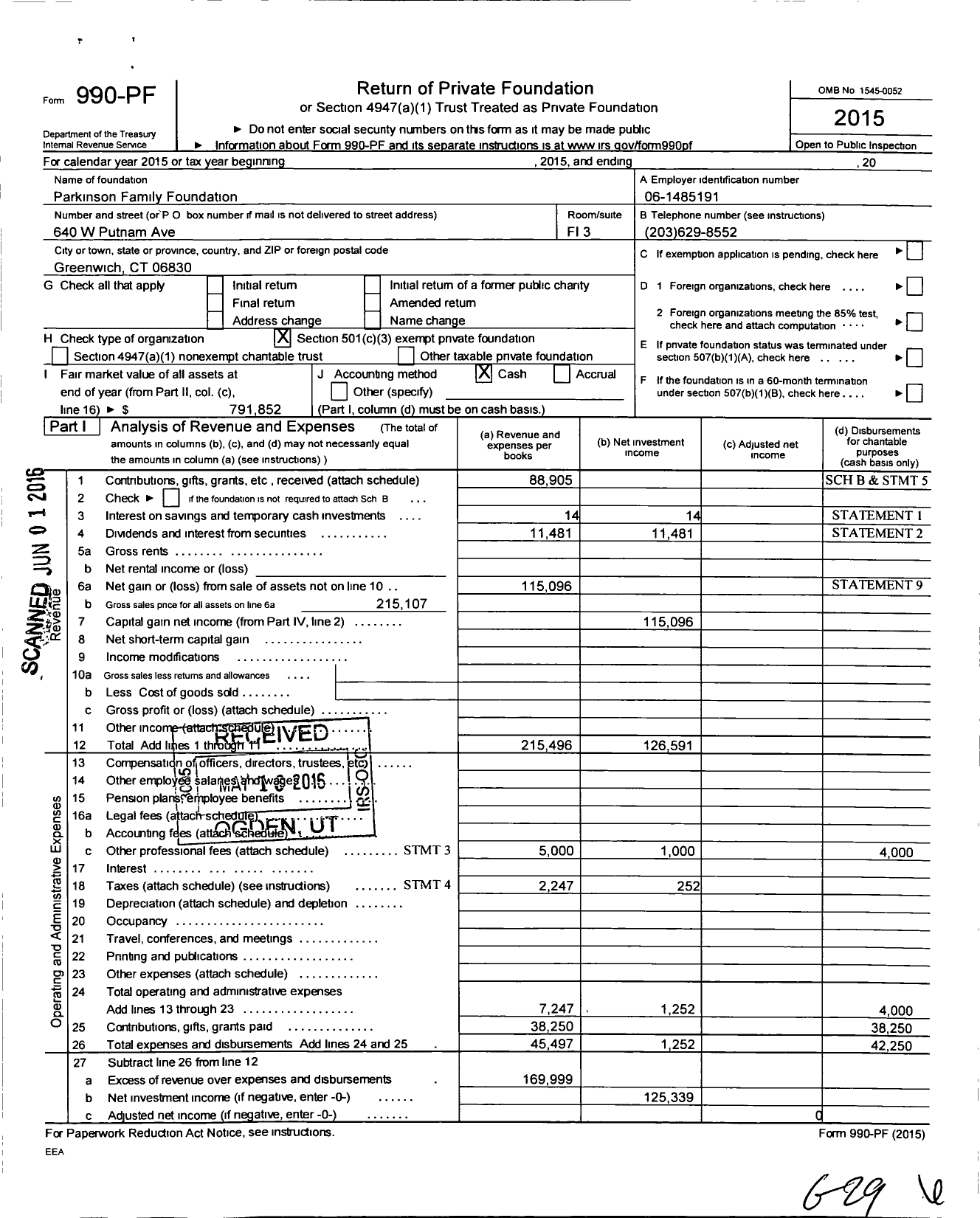 Image of first page of 2015 Form 990PF for Parkinson Family Foundation