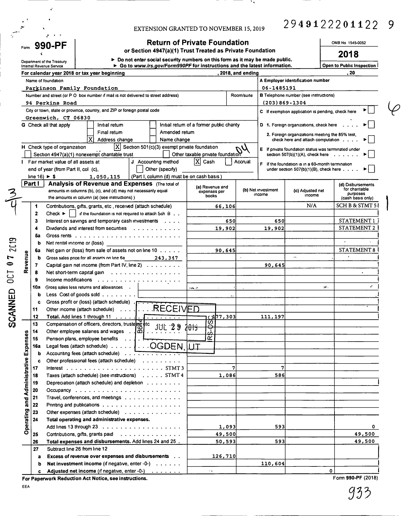 Image of first page of 2018 Form 990PF for Parkinson Family Foundation