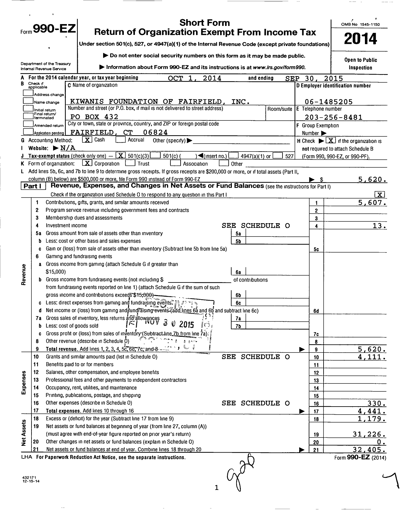 Image of first page of 2014 Form 990EZ for Kiwanis Foundation of Fairfield