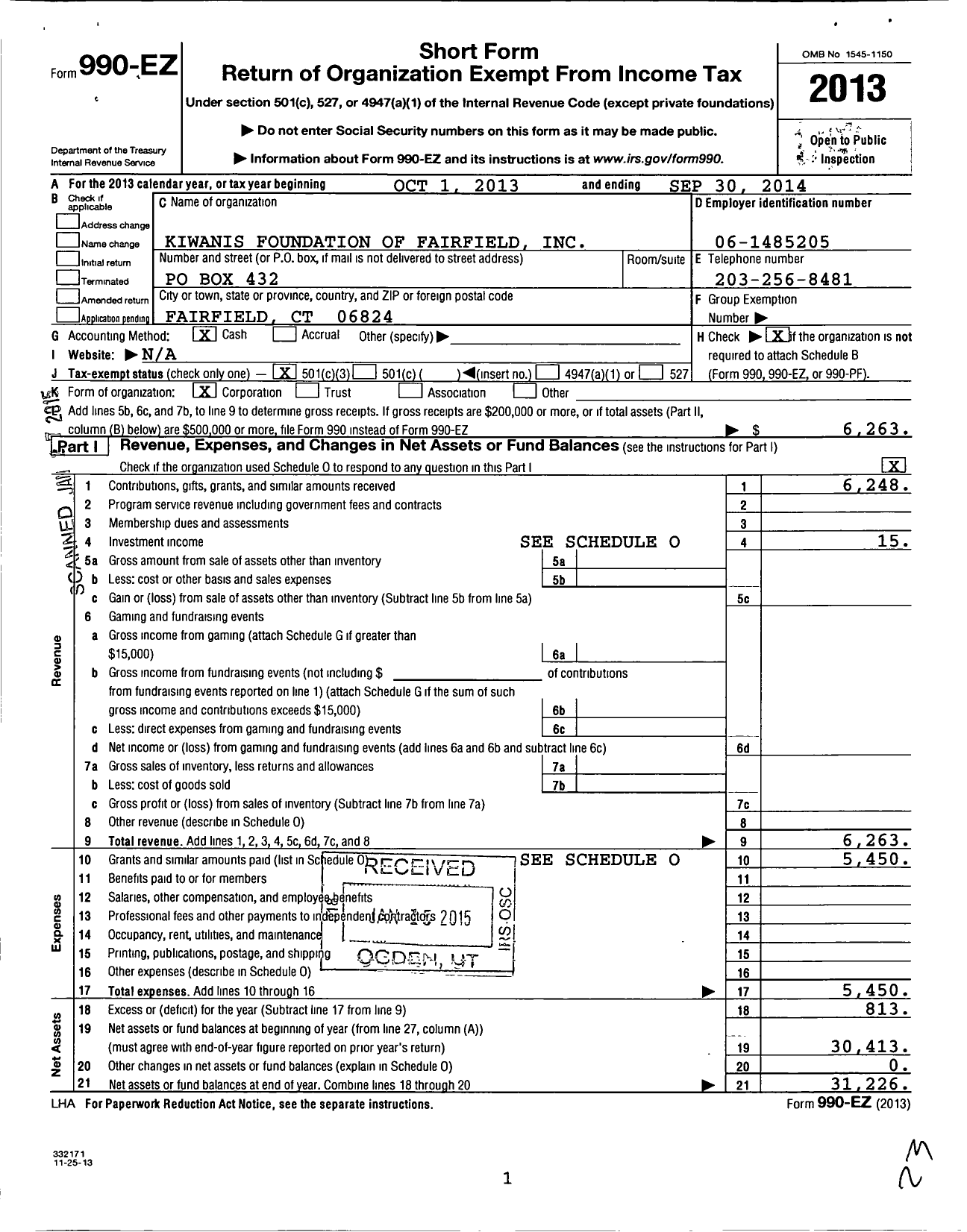 Image of first page of 2013 Form 990EZ for Kiwanis Foundation of Fairfield