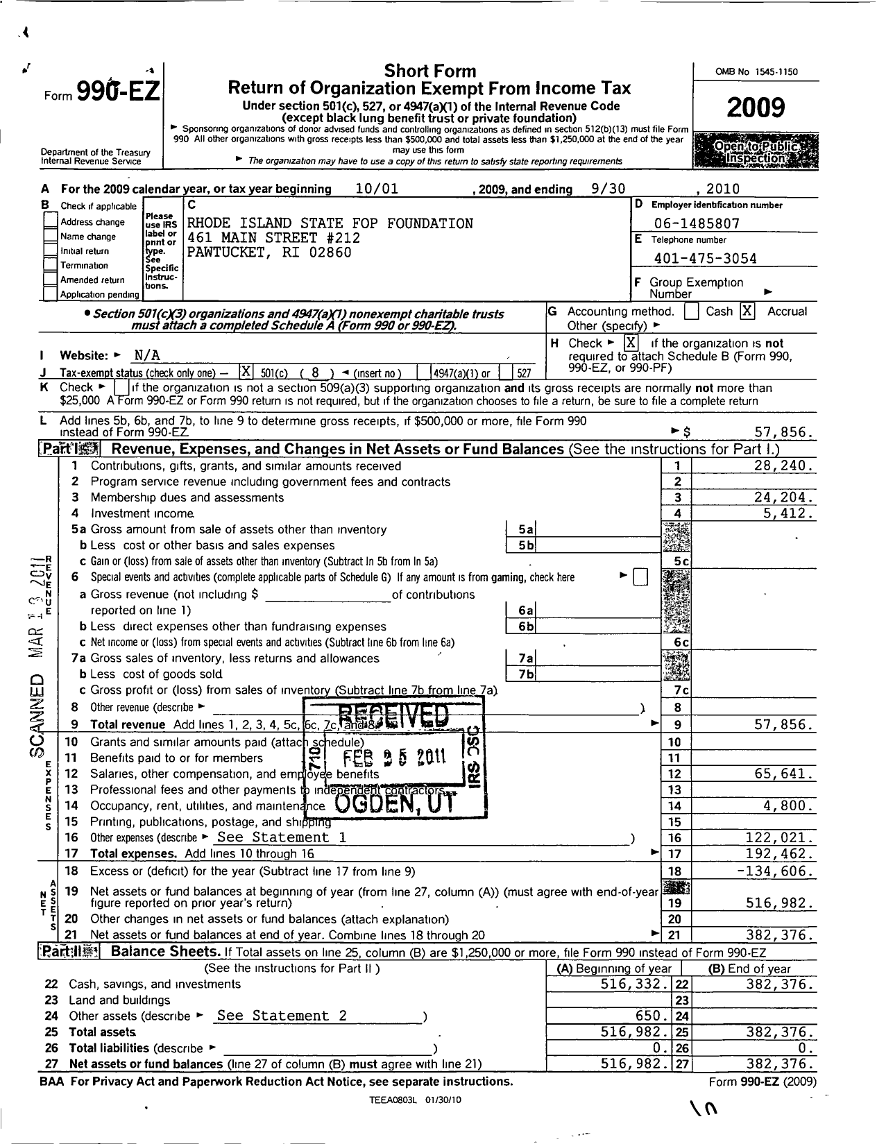 Image of first page of 2009 Form 990EO for Rhode Island State FOP Foundation