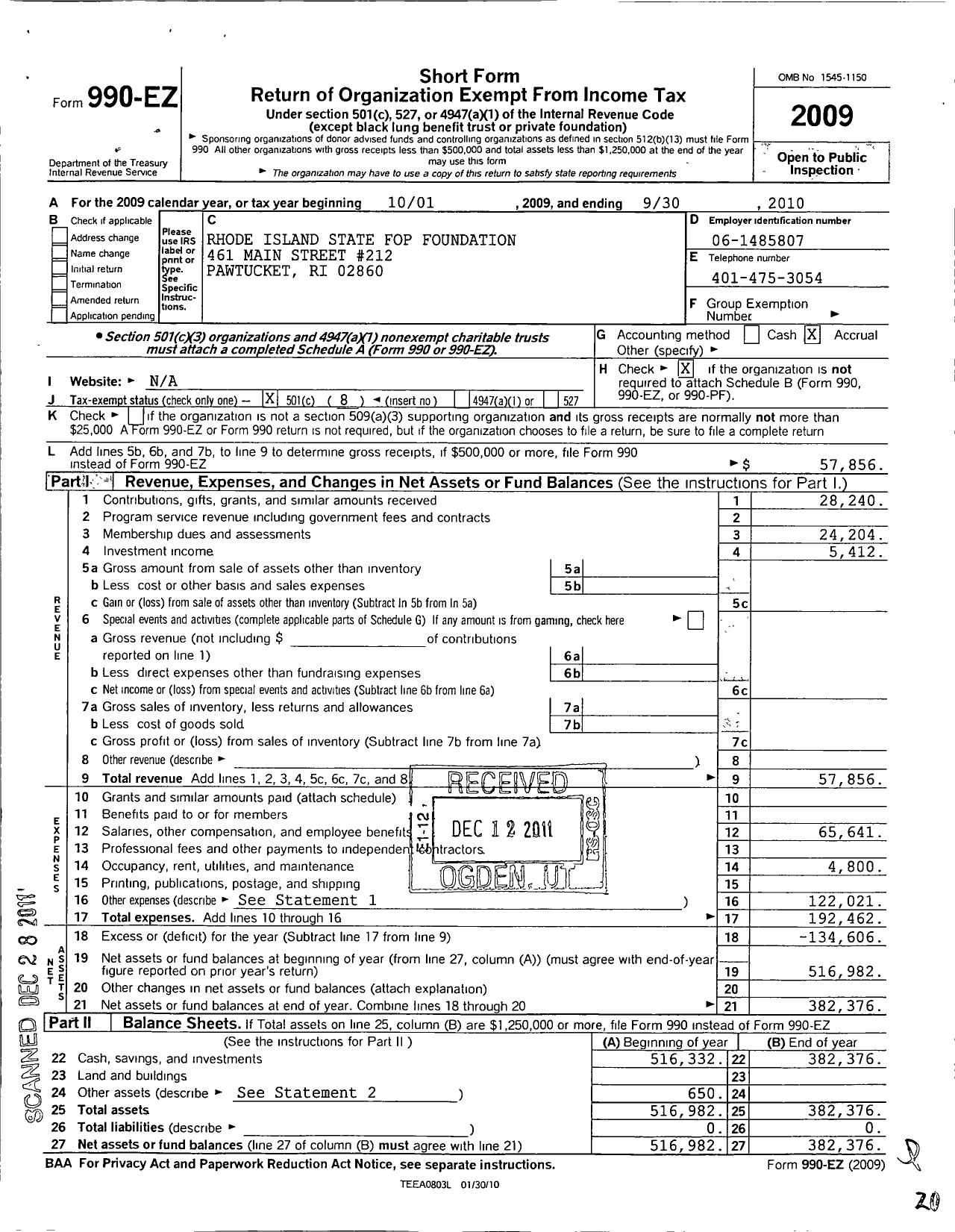 Image of first page of 2009 Form 990EO for Rhode Island State FOP Foundation