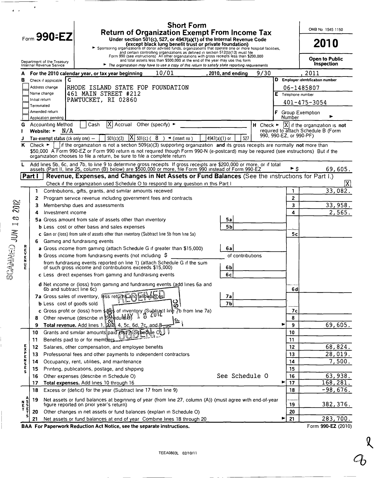 Image of first page of 2010 Form 990EO for Rhode Island State FOP Foundation