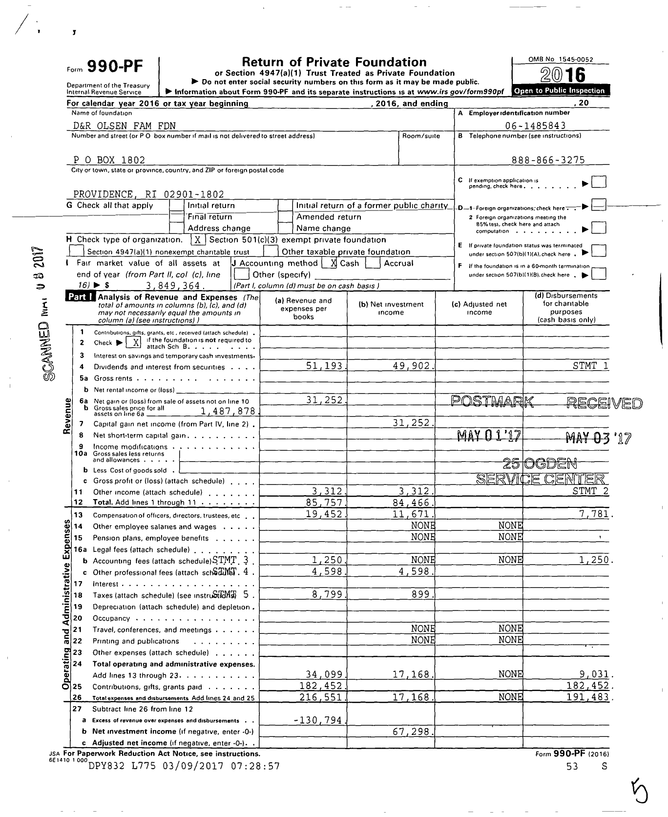 Image of first page of 2016 Form 990PF for D&R Olsen Family Foundation