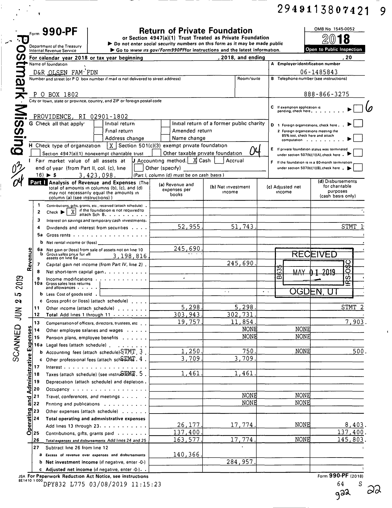Image of first page of 2018 Form 990PF for D&R Olsen Family Foundation