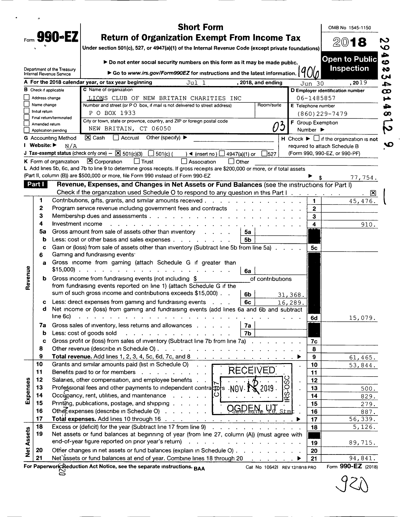 Image of first page of 2018 Form 990EZ for Lions Club of New Britain Charities