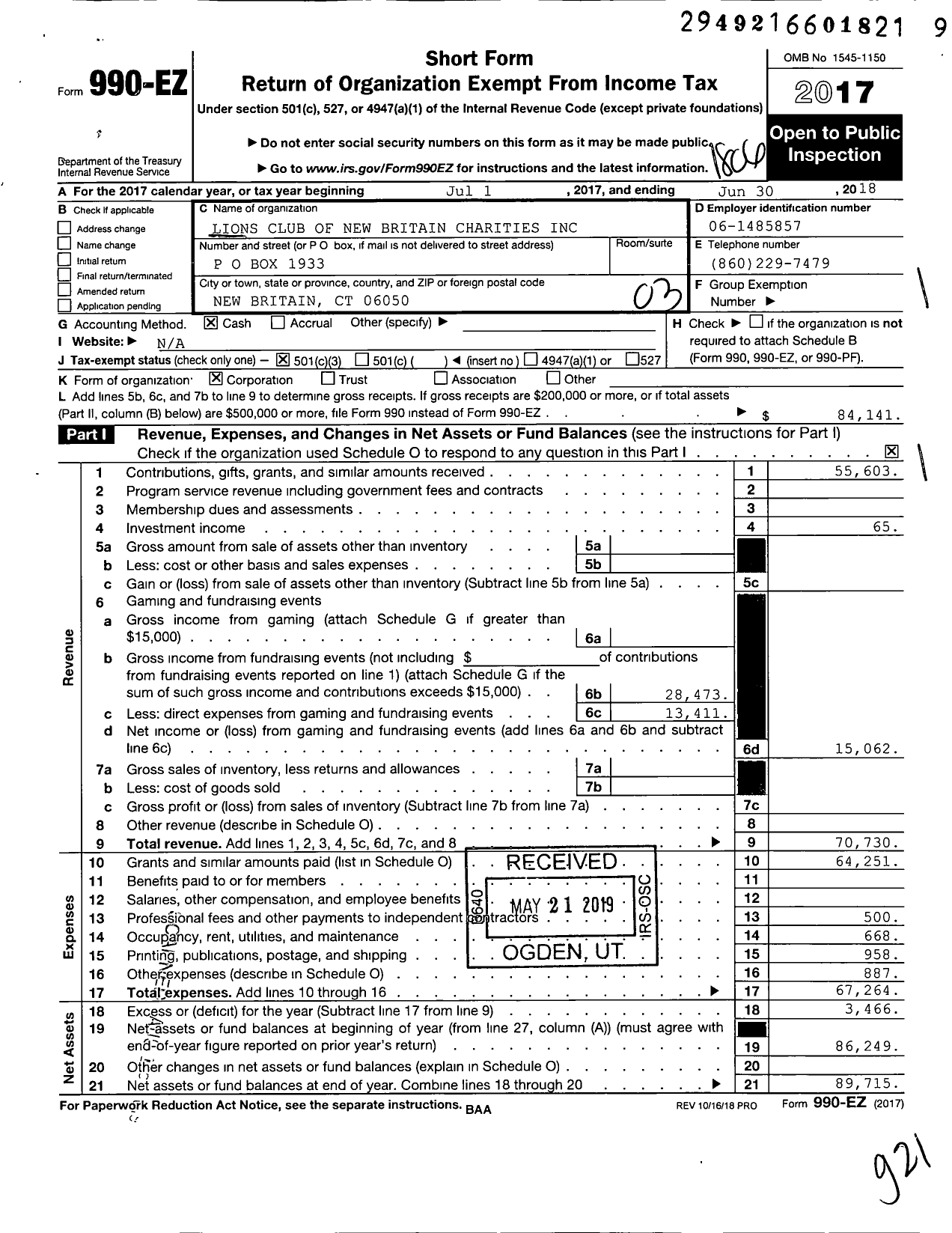 Image of first page of 2017 Form 990EZ for Lions Club of New Britain Charities