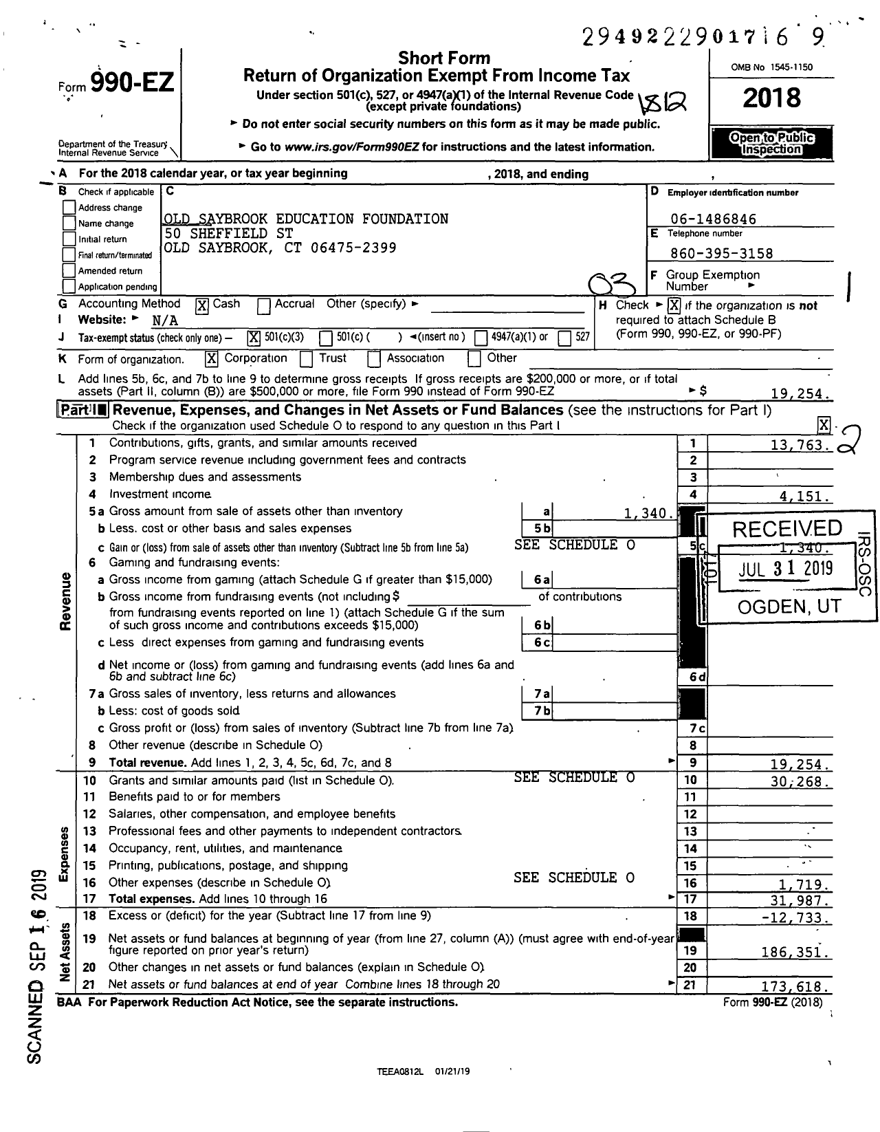 Image of first page of 2018 Form 990EZ for Old Saybrook Education Foundation