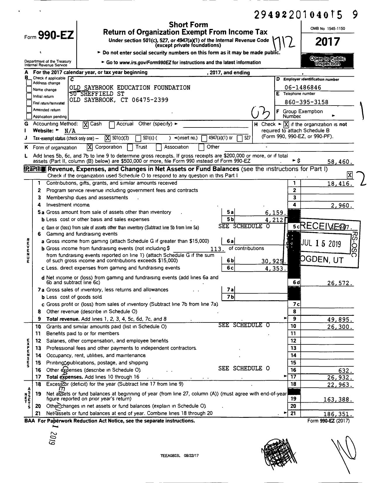 Image of first page of 2017 Form 990EZ for Old Saybrook Education Foundation