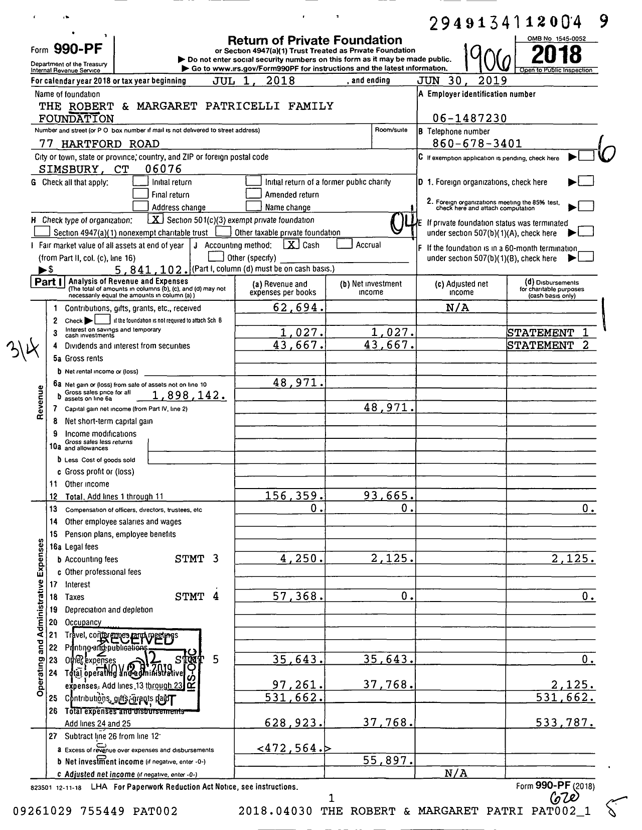 Image of first page of 2018 Form 990PF for The Robert and Margaret Patricelli Family Foundation