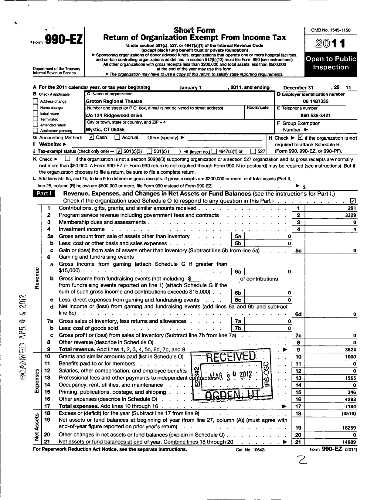 Image of first page of 2011 Form 990EZ for Groton Regional Theatre