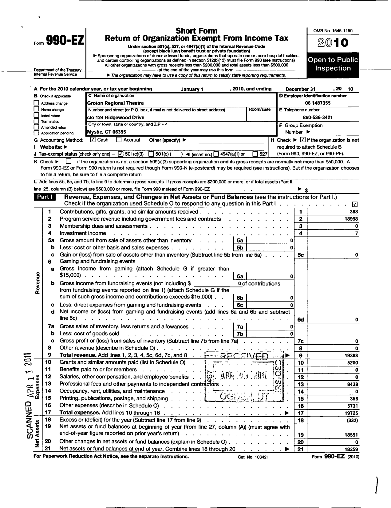 Image of first page of 2010 Form 990EZ for Groton Regional Theatre