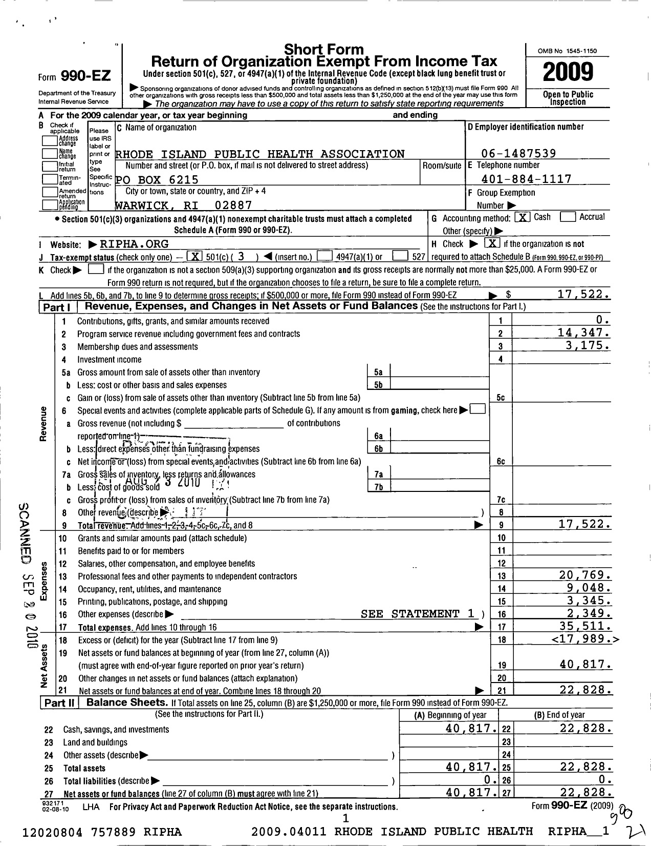Image of first page of 2009 Form 990EZ for The Rhode Island Public Health Association