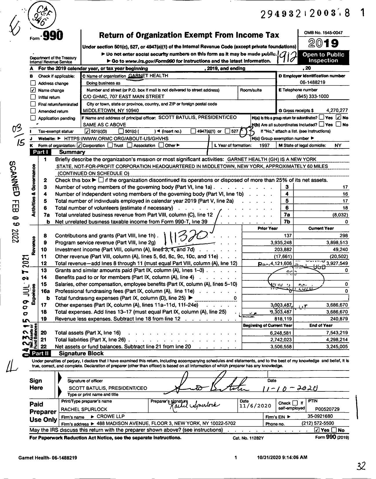 Image of first page of 2019 Form 990 for Garnet Health