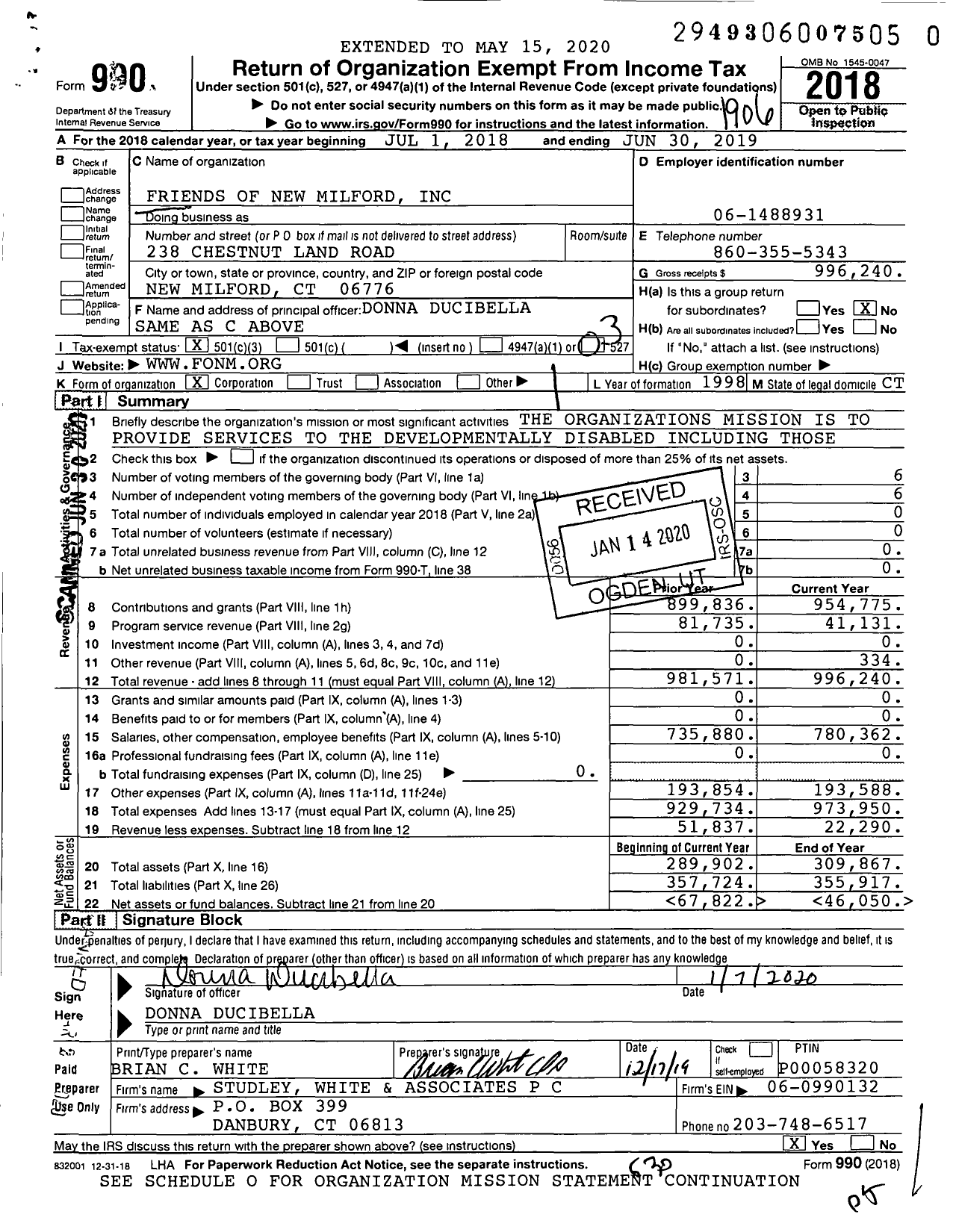 Image of first page of 2018 Form 990 for Friends of New Milford