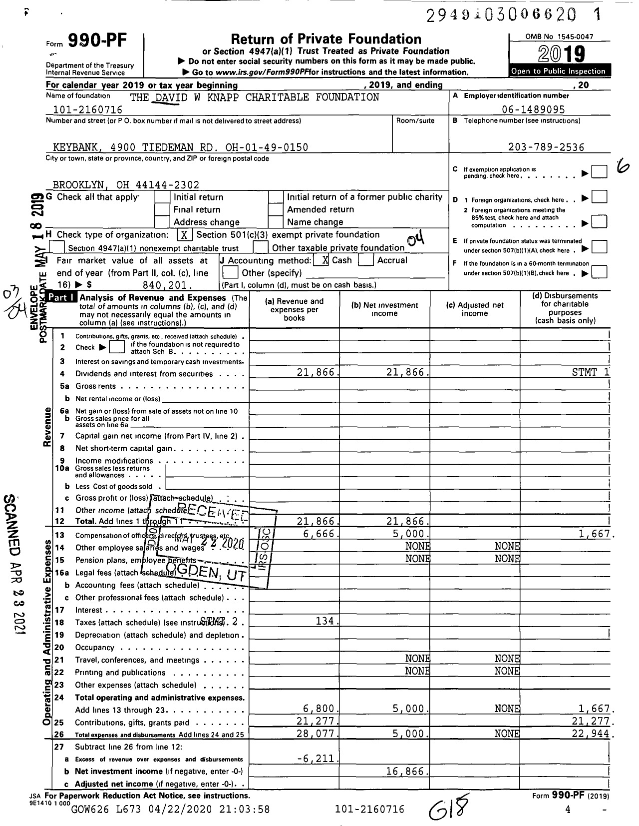 Image of first page of 2019 Form 990PF for The David W Knapp Charitable Foundation