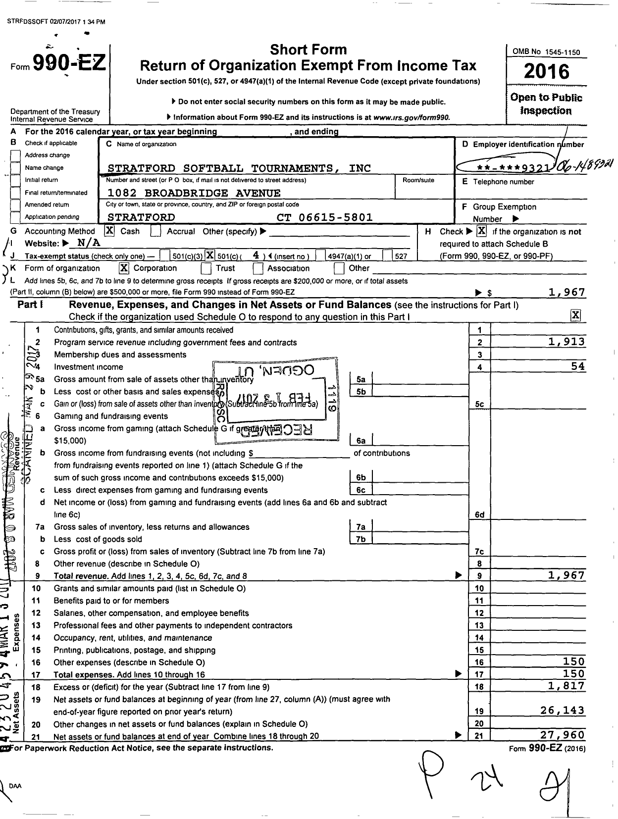 Image of first page of 2016 Form 990EO for Stratford Softball Tournaments