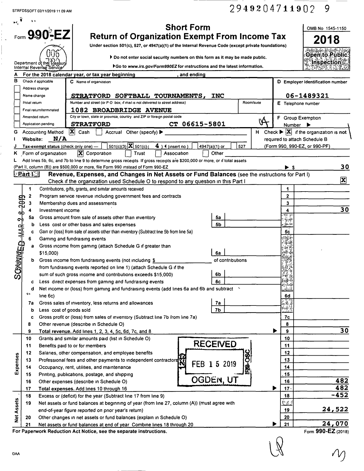 Image of first page of 2018 Form 990EO for Stratford Softball Tournaments