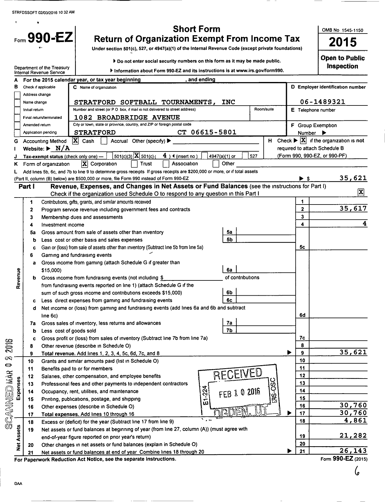 Image of first page of 2015 Form 990EO for Stratford Softball Tournaments