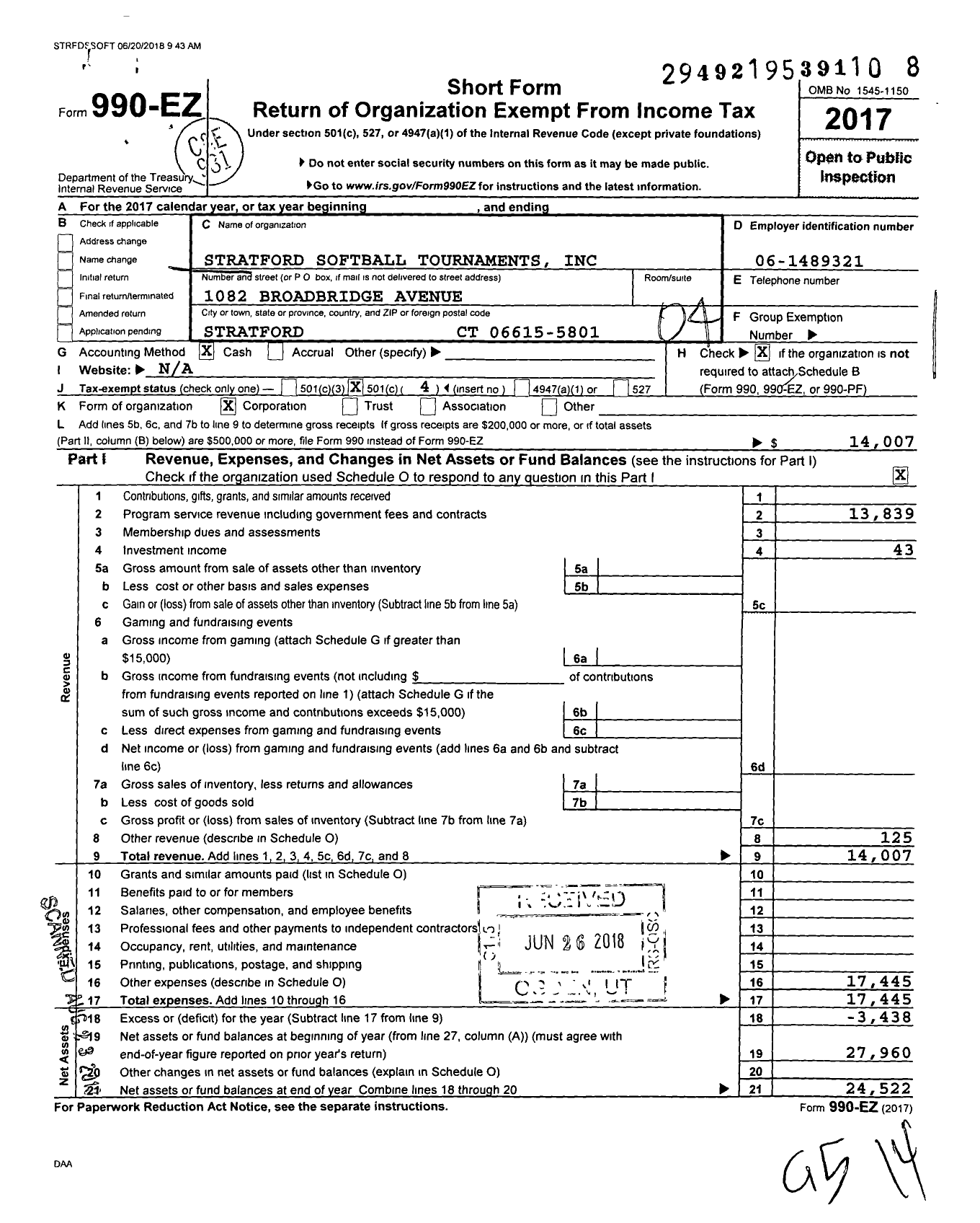 Image of first page of 2017 Form 990EO for Stratford Softball Tournaments