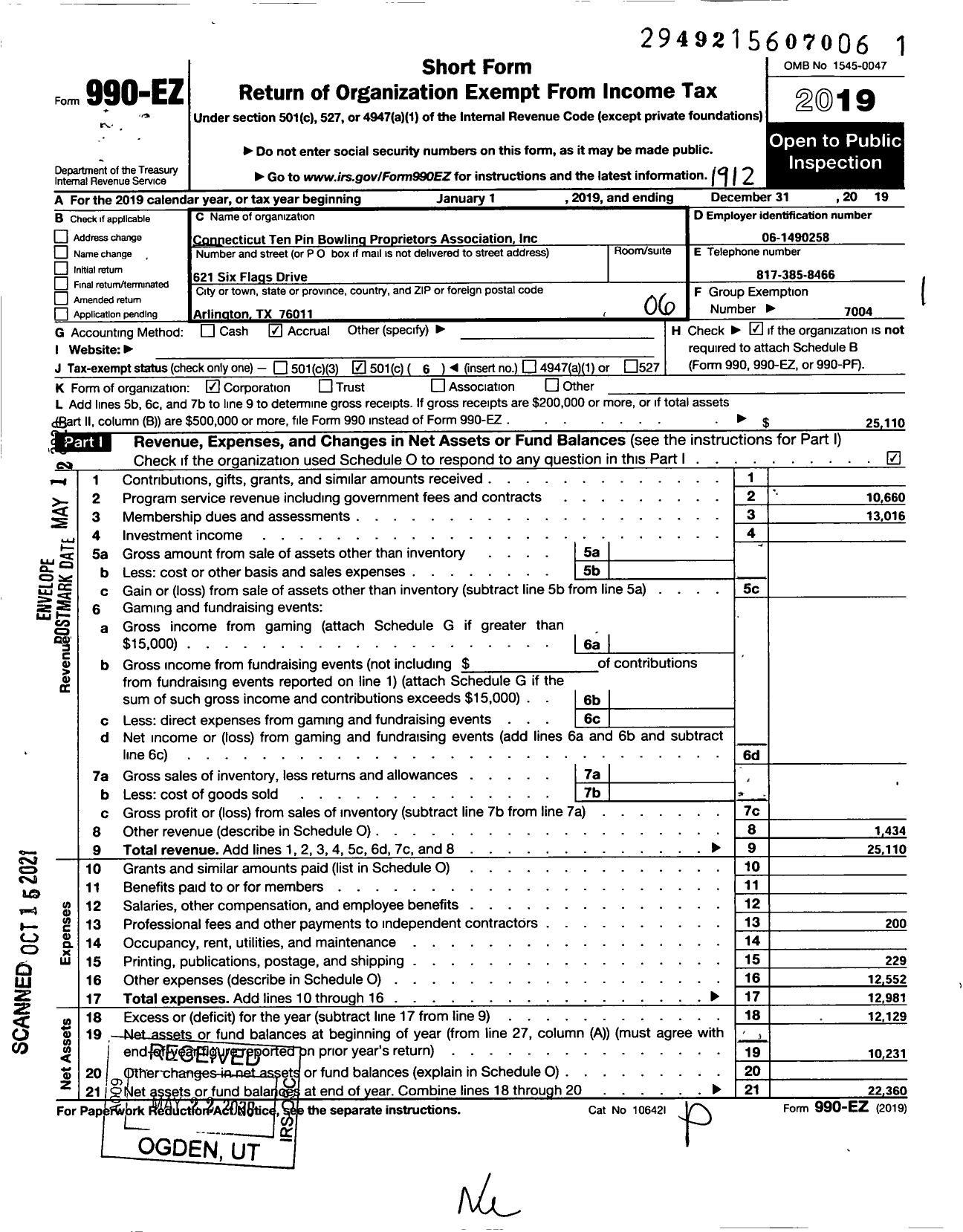 Image of first page of 2019 Form 990EO for Connecticut Ten Pin Bowling Proprietors Association