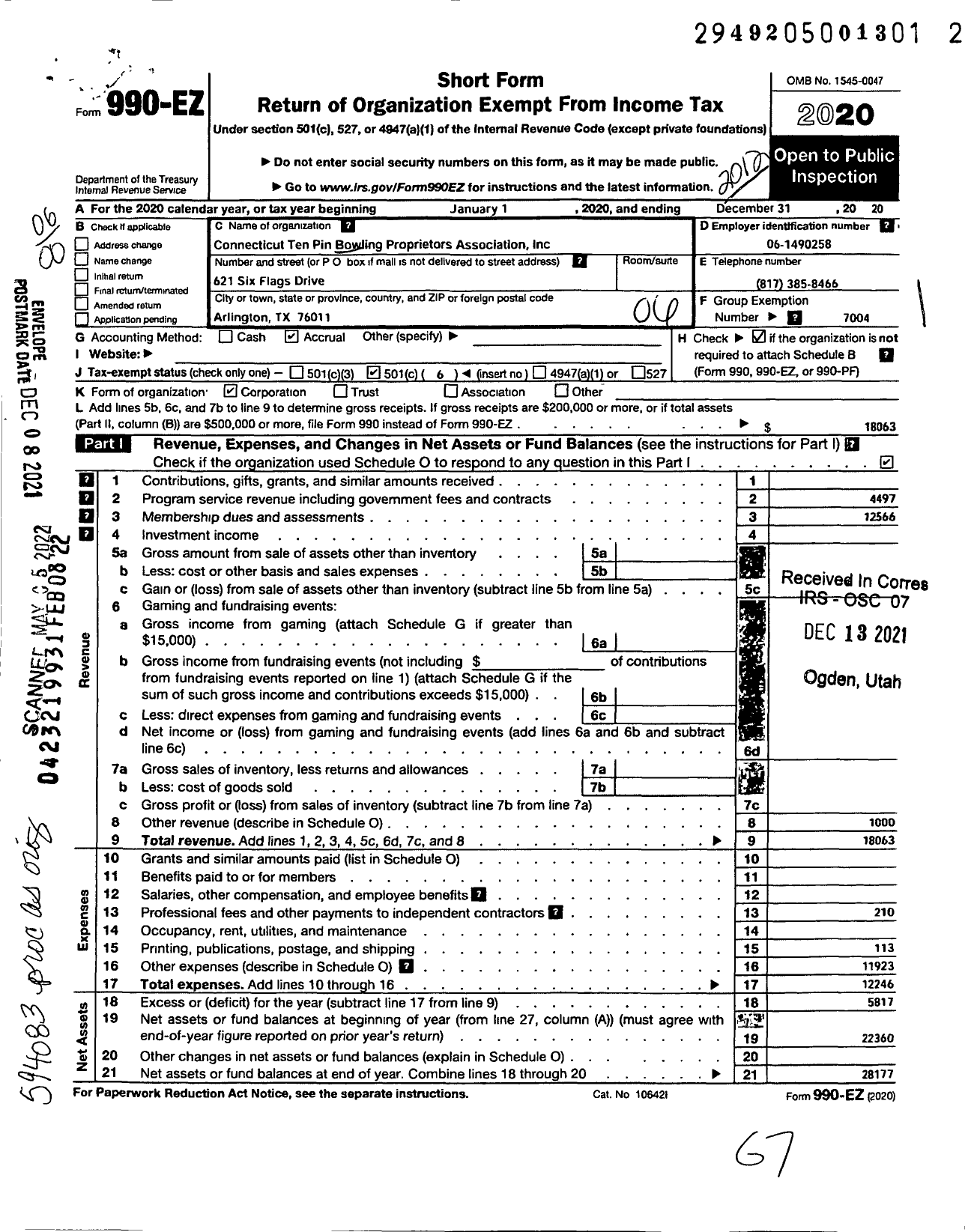 Image of first page of 2020 Form 990EO for Connecticut Ten Pin Bowling Proprietors Association