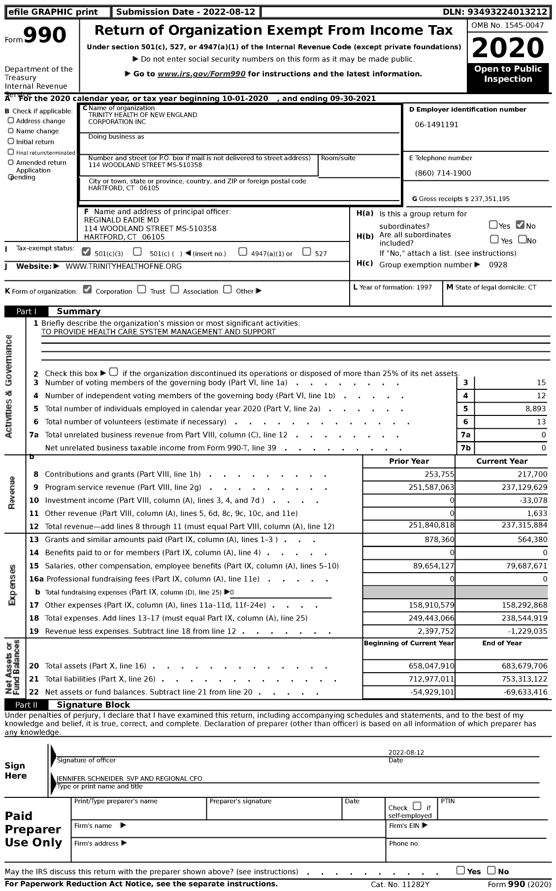 Image of first page of 2020 Form 990 for Trinity Health of New England Corporation