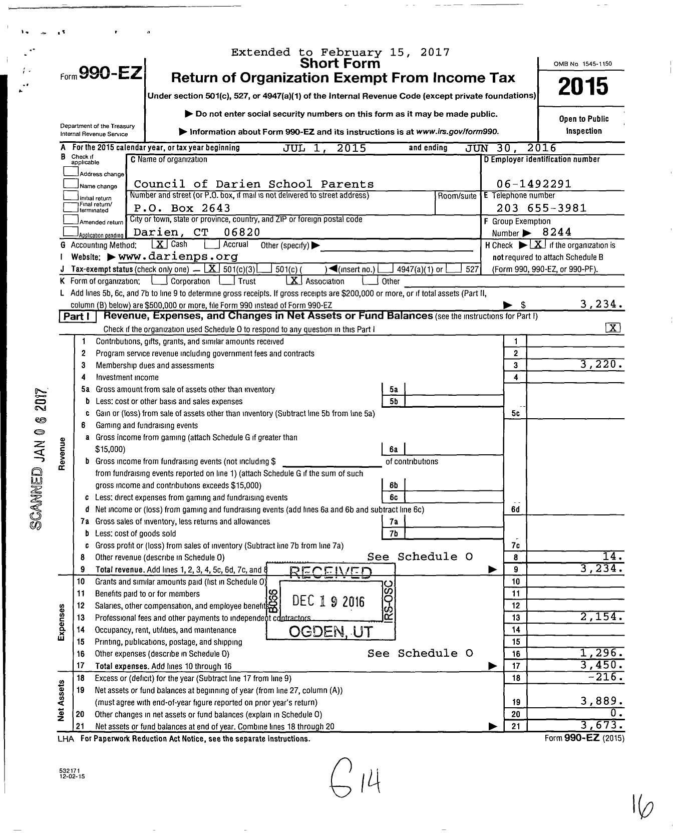 Image of first page of 2015 Form 990EZ for Council of Darien School Parents