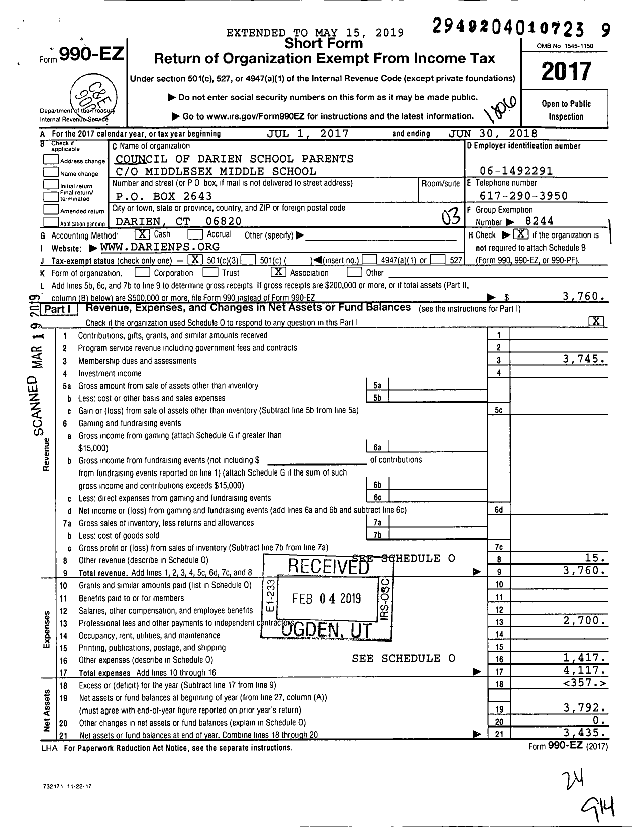 Image of first page of 2017 Form 990EZ for Council of Darien School Parents