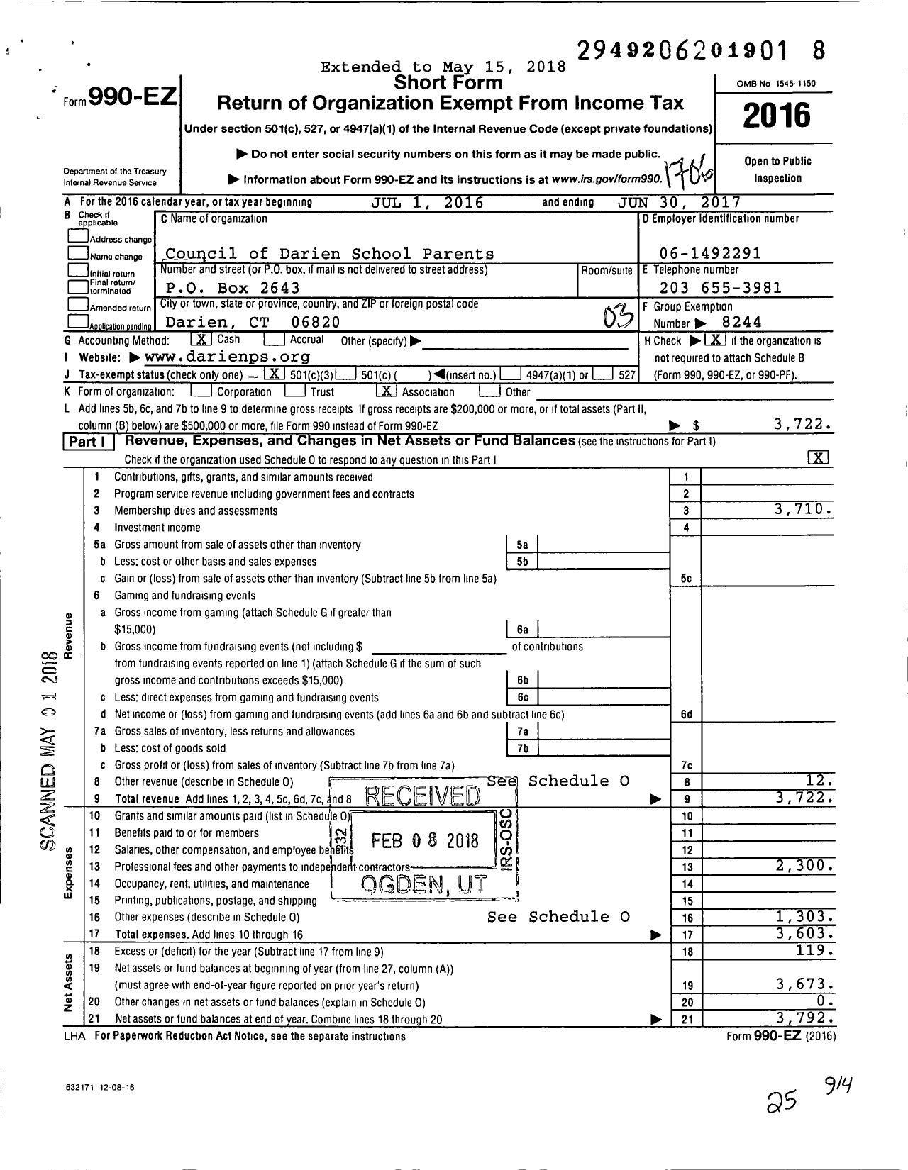 Image of first page of 2016 Form 990EZ for Council of Darien School Parents