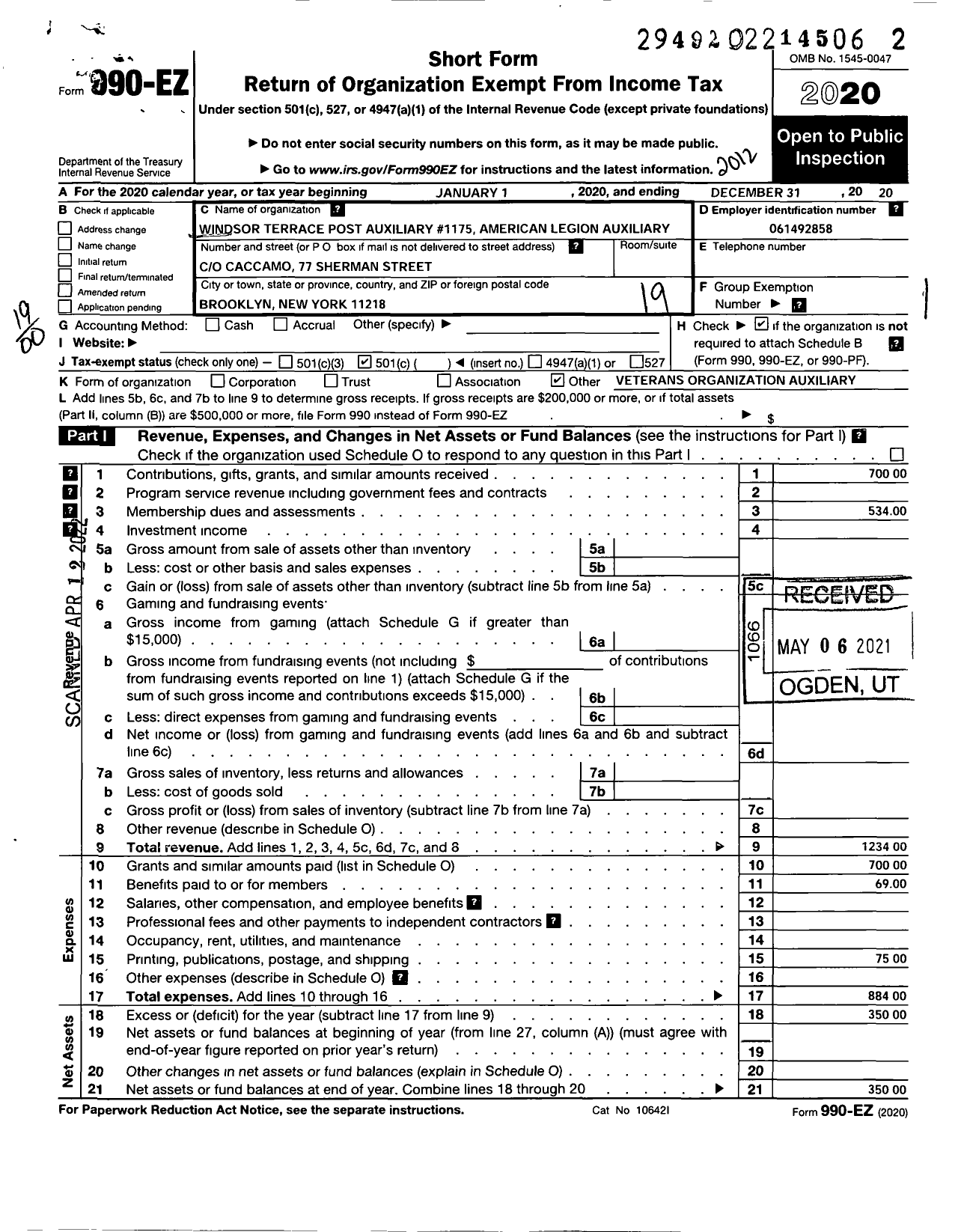 Image of first page of 2020 Form 990EO for Windsor Terrace Post Auxiliary 1175