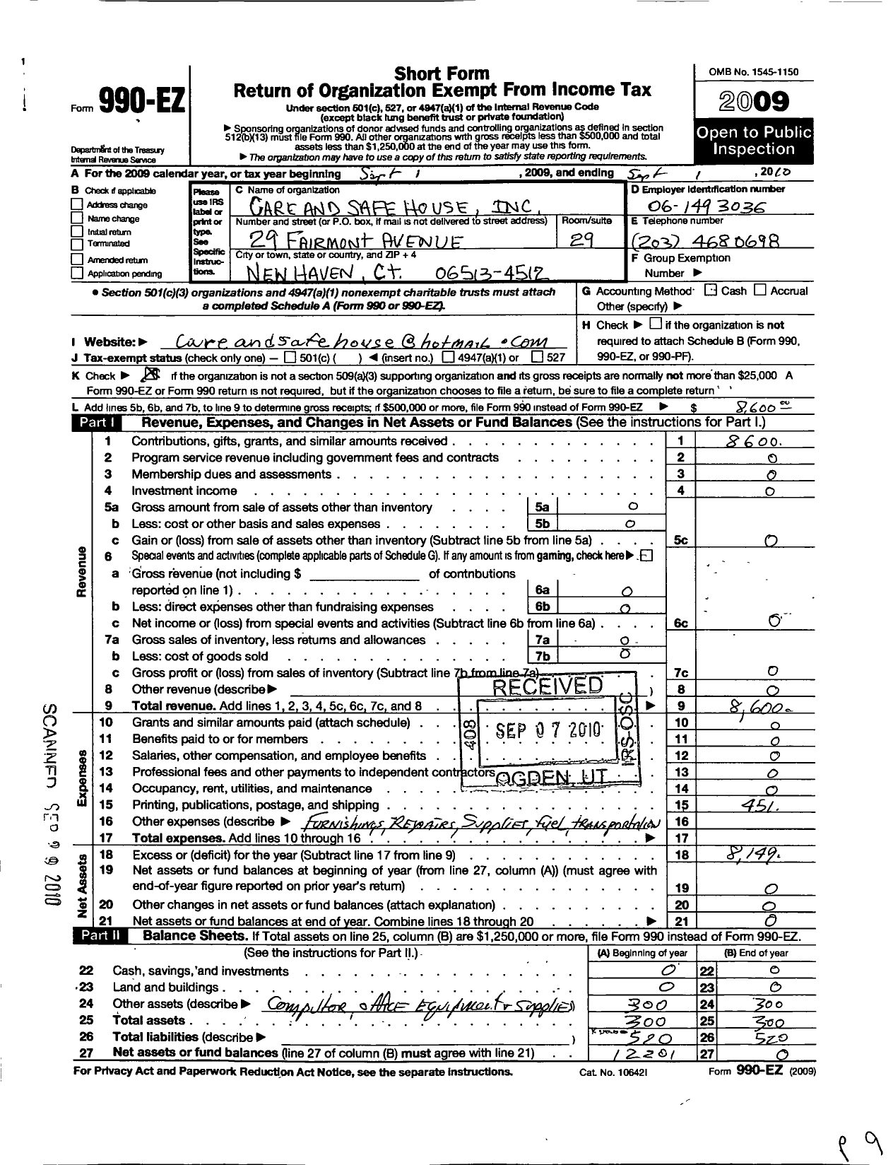 Image of first page of 2009 Form 990EO for Care and Safehouse