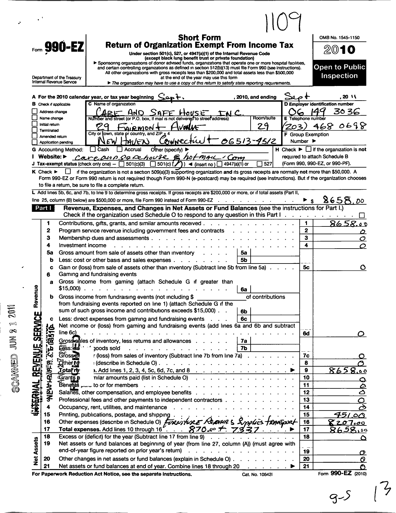 Image of first page of 2010 Form 990EZ for Care and Safehouse