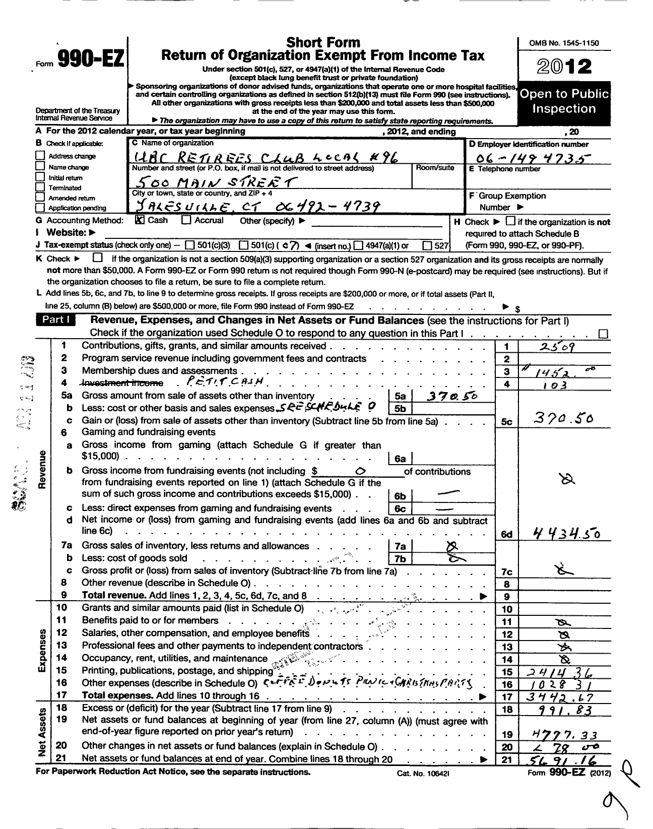 Image of first page of 2012 Form 990EO for United Brotherhood of Carpenters and Joiners of America - 96 Local Club