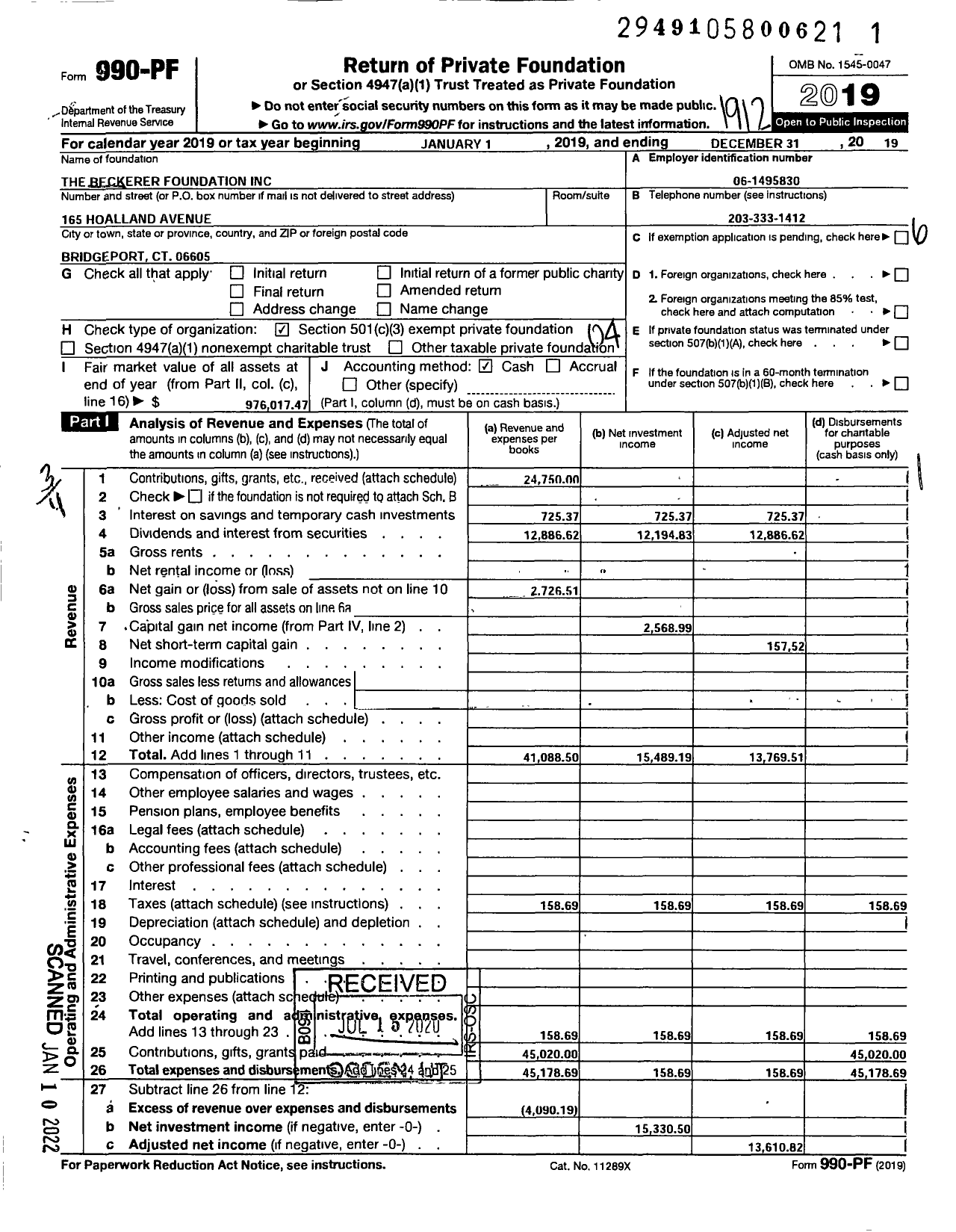 Image of first page of 2019 Form 990PF for The Beckerer Foundation