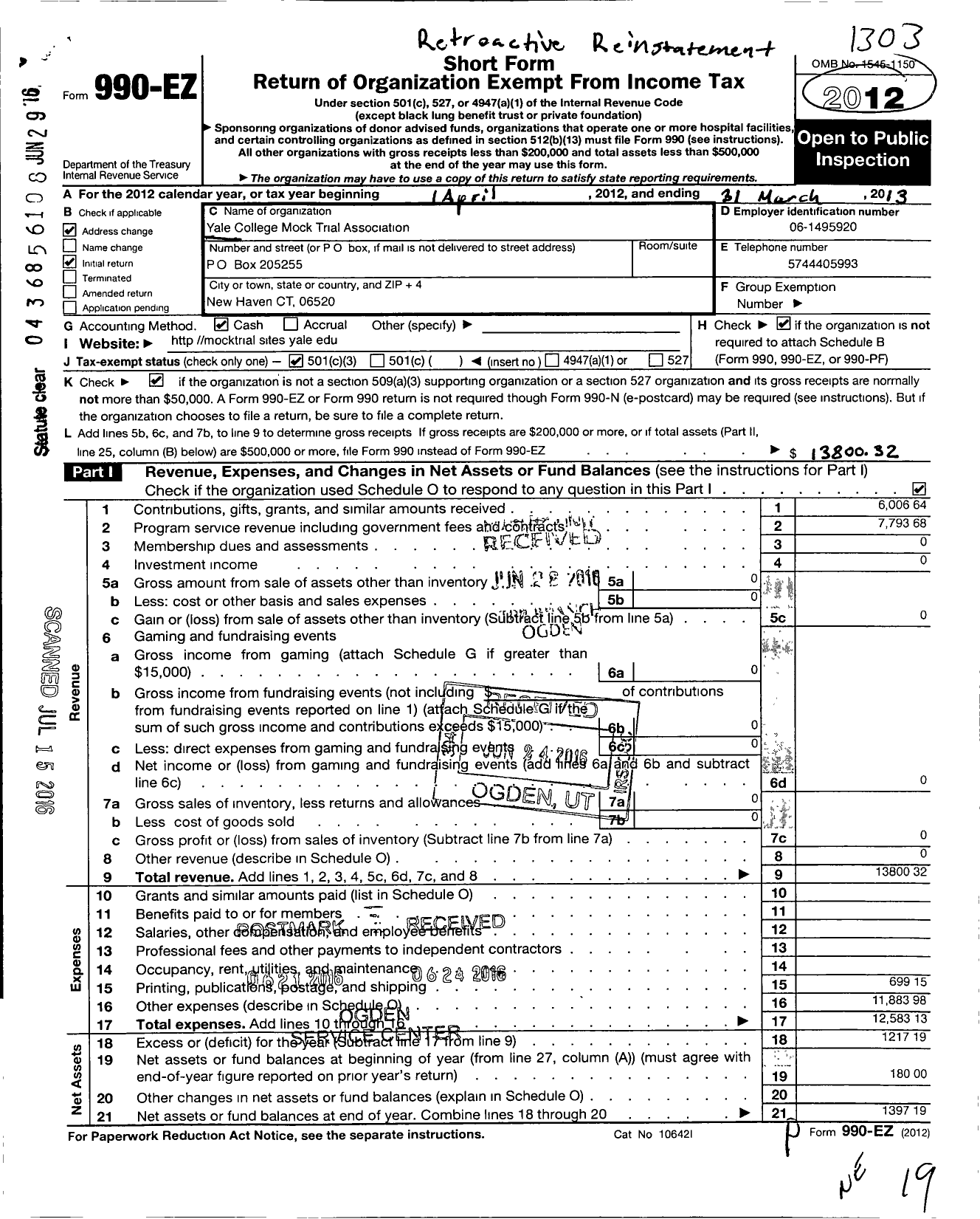 Image of first page of 2012 Form 990EZ for Yale College Mock Trial Association