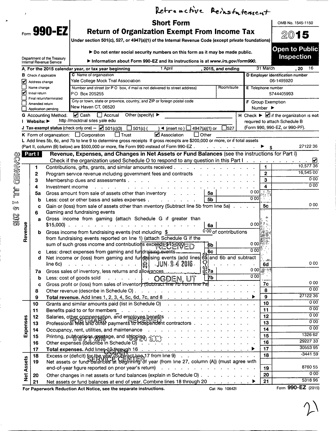 Image of first page of 2015 Form 990EZ for Yale College Mock Trial Association