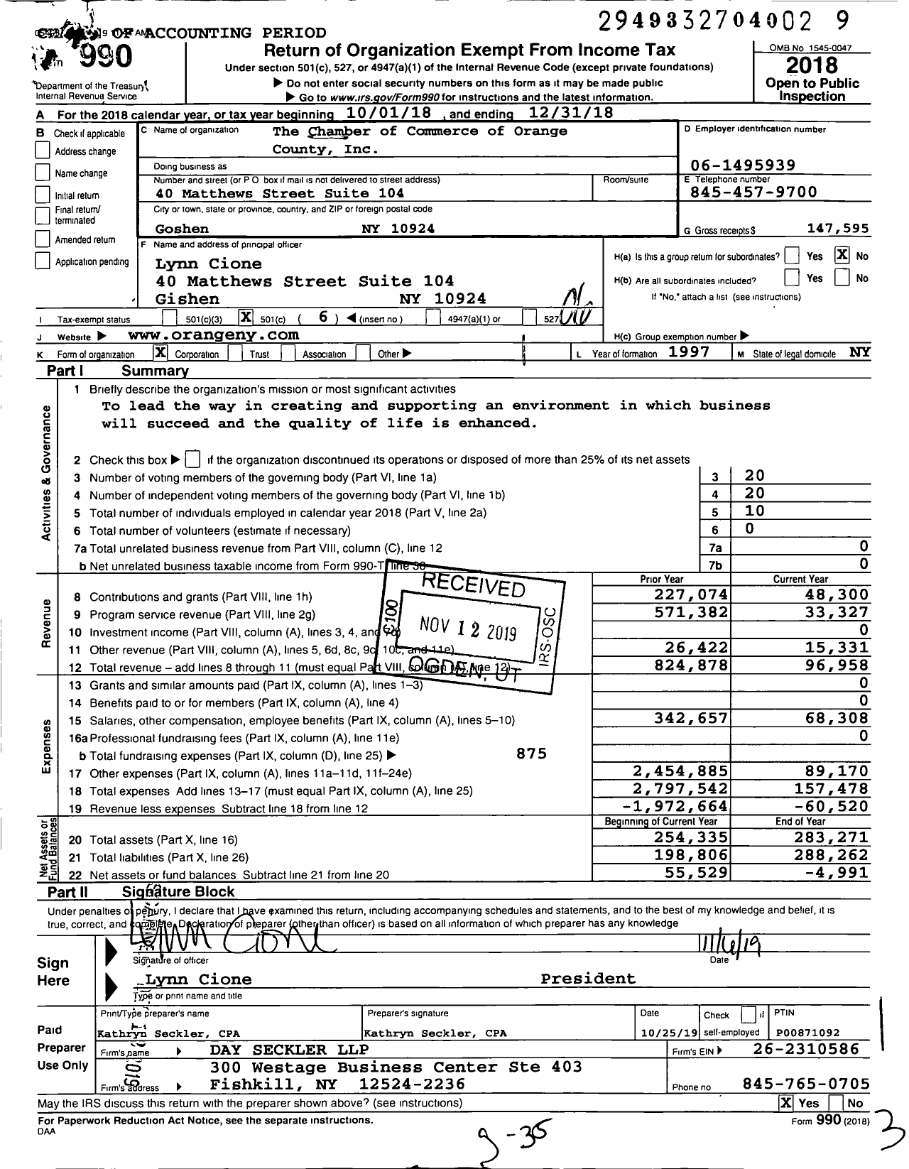 Image of first page of 2018 Form 990O for The Chamber of Commerce of Orange County